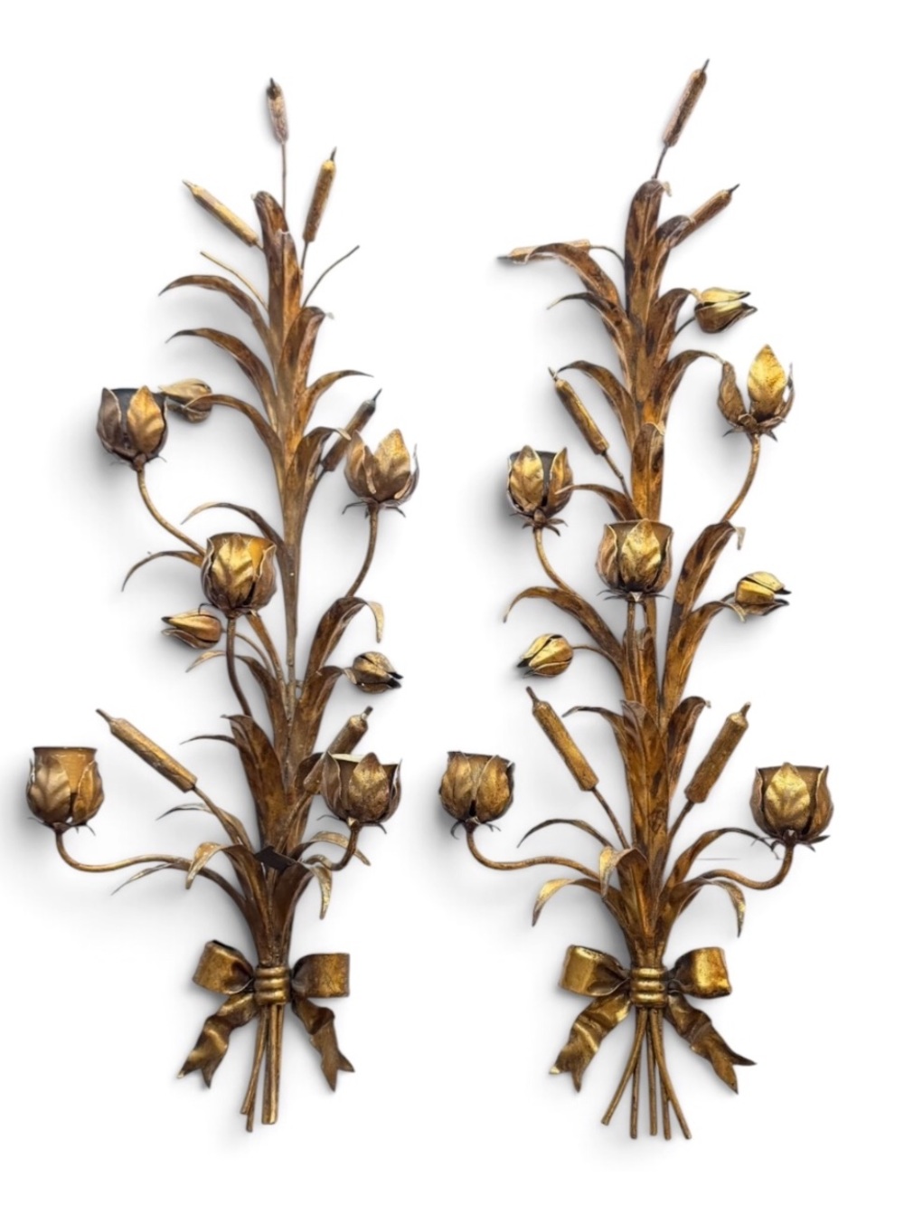 Pair Italian Gilt Tole Wheat Sheath Floral Bow Candle Sconces Walter Hatches